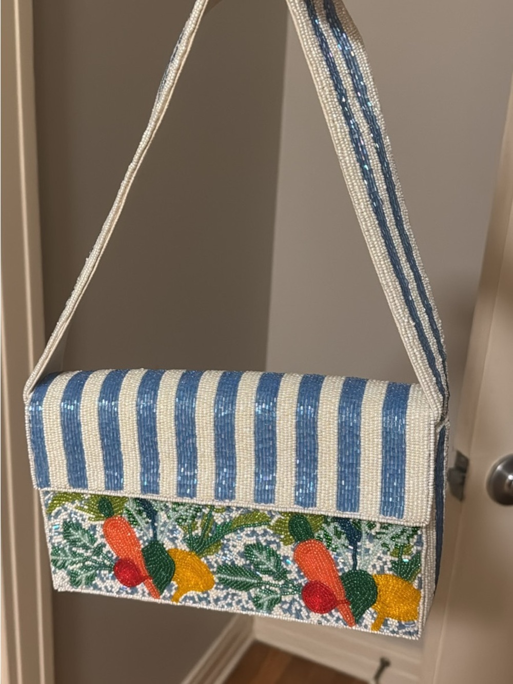 Beaded Blue & White Stripe Shoulder Bag with Fruit Motif